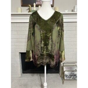 Vtg Y2K One World Green Velvet Embellished Boho Top Fairy Earth Fairy Paisley S
